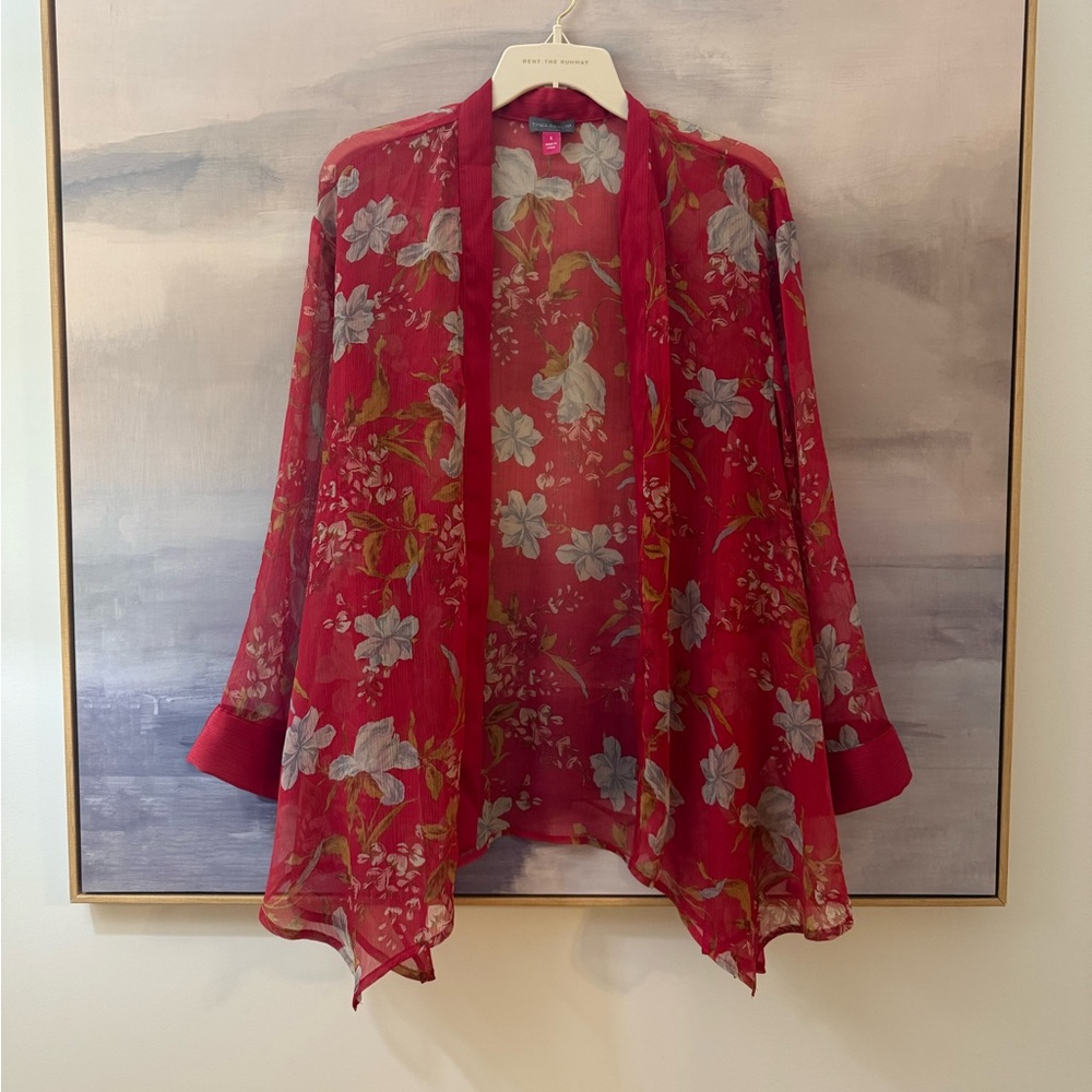 Women’s Red Floral Sheer Kimono Cover Up Top